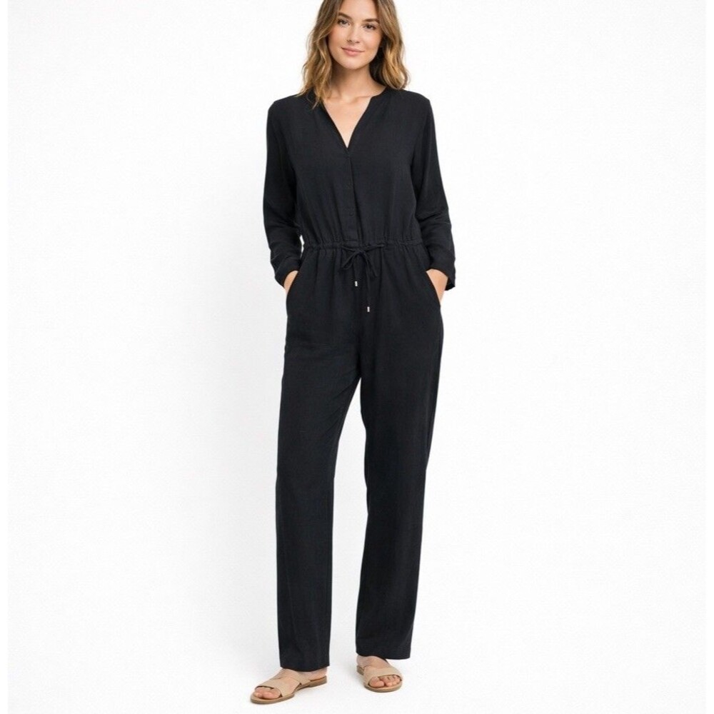 JW Signature Jumpsuit Womens L Black Long Sleeve Drawstring Casual Minimalist